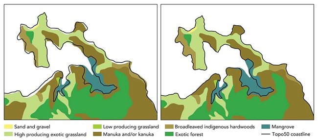 Figure 2. The original LCDB “coastline” was simply interpreted from imagery. As seen on the left, it often deviated from the Topo50 coastline (bold line). On the right, polygons have been made consistent with the Topo50 coastline.
