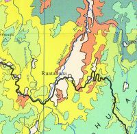 Map drawn in 1960 (McKelvey 1973). Tawa–podocarp forest (yellow area) and tawa forest (orange area).