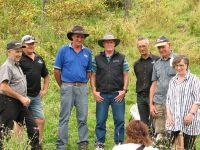 Members of the Tutsan Action Group at the field day in Taumarunui in February 2017, where the first releases of tutsan agents were made. From left to right: Geoff Burton, Dave Alker, Graham Wheeler (Chair), Hugh Gourlay, Craig Davey, David Jurgensen, Rosalind Burton (Secretary).