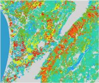 Figure 1. N leaching rates in the Manawatu in kg N per hectare per year: red (> 25); orange (20-25); yellow (15-20); olive (10-15); blue-green (5-10); blue (2-5).