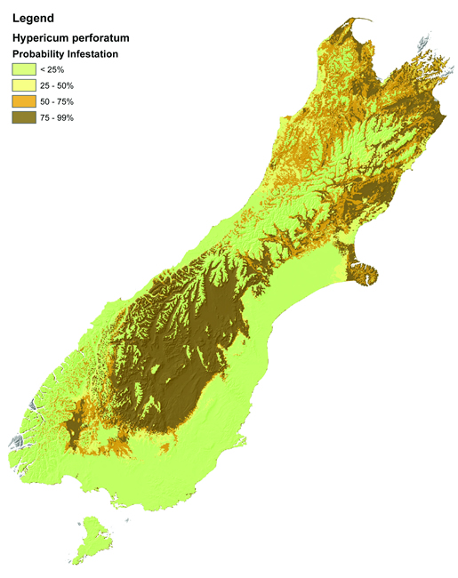 The potential distribution of St John’s Wort in the South Island. 