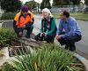 Social researcher Kathryn Scott discussing a raingarden with local maintenance staff at Talbot Park, Glen Innes