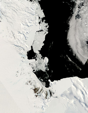 Satellite image showing light ice - there is little sea ice around the penguin colonies on Ross Island.