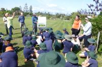 Hugh Gourlay talking to Paroa School students and the local community about Honshu white admiral butterflies and biocontrol of Japanese honeysuckle. Photo: Murray Dawson, Manaaki Whenua - Landcare Research