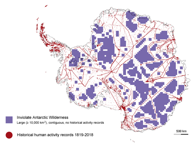 Two hundred years of human activity on the Antarctic continent. The red dots and lines represent human activity including traverses across the ice. The purple scale squares indicate areas where data suggest humans have not yet travelled.