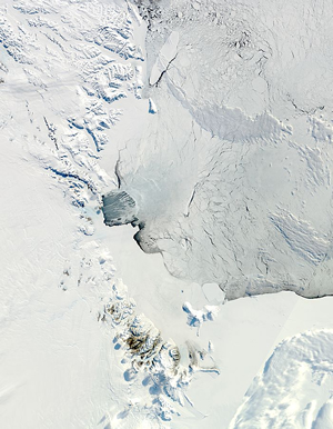 Satellite image showing the thick sea ice off the coastline of the Adelie colonies on Ross Island.