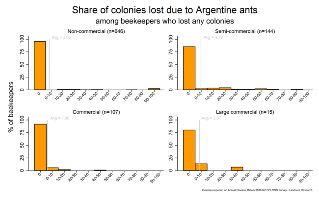 <!-- Winter 2016 colony losses that resulted from Argentine ant problems based on reports from all respondents who lost any colonies, by operation size. --> Winter 2016 colony losses that resulted from Argentine ant problems based on reports from all respondents who lost any colonies, by operation size. 