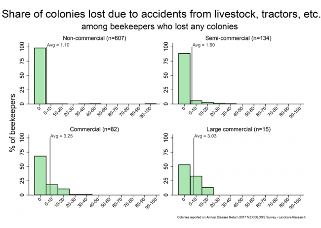 <!-- Winter 2017 colony losses that resulted from accidents such as livestock, tractors, etc., based on reports from all respondents who lost any colonies, by operation size. --> Winter 2017 colony losses that resulted from accidents such as livestock, tractors, etc., based on reports from all respondents who lost any colonies, by operation size.
