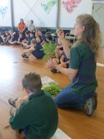 Robinne Weiss with Paroa School students explaining traditional uses of weeds. Photo: Murray Dawson, Manaaki Whenua - Landcare Research