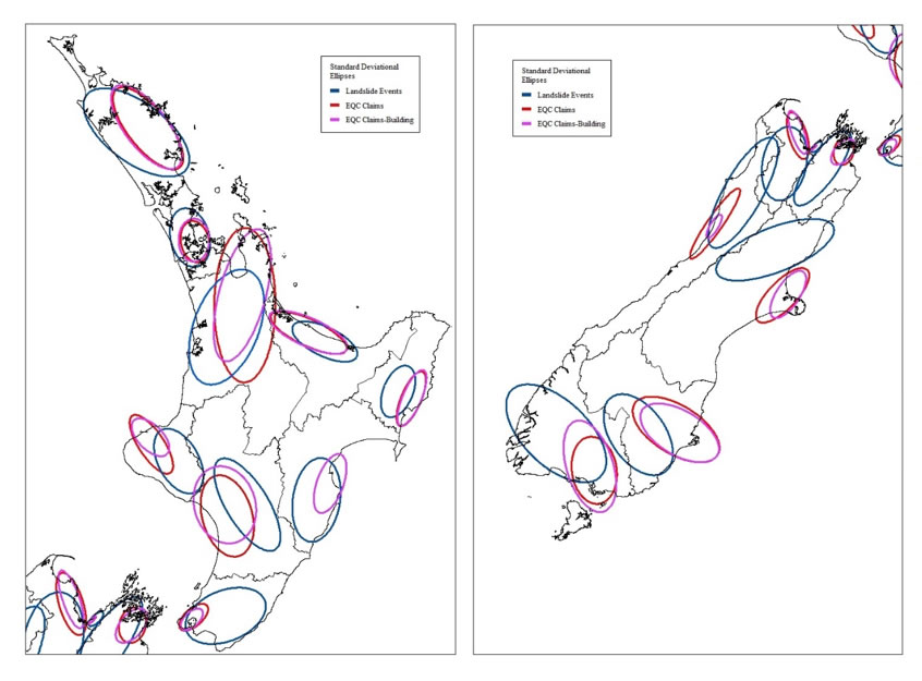 Figure 2. EQC claims and landslide standard deviational ellipses