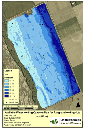 An AWC map of an irrigated area on a Mid Canterbury farm.