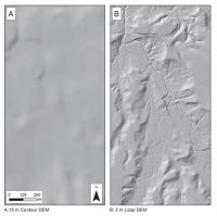 Figure 1. Shaded relief views of 15 m contour-based DEM (Panel A) and the equivalent 2 m LiDAR DEM (Panel B). Note the far higher level of landscape detail on the LiDAR DEM. (Raw LiDAR data courtesy of Environment Waikato.